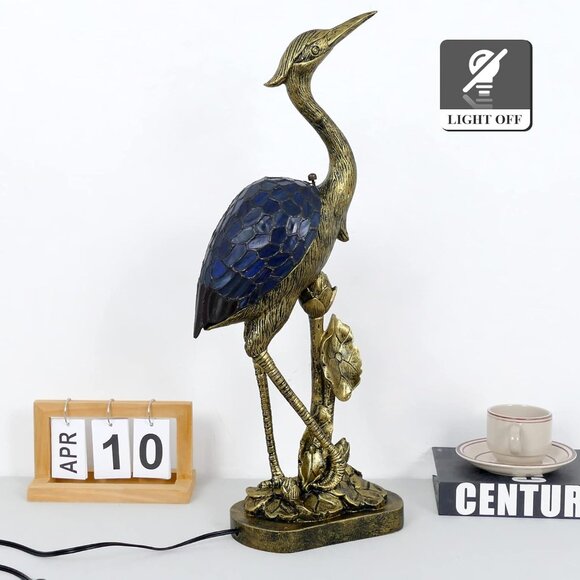 Tiffany Style Lamp Blue Stained Glass Crane Bird Style Table Lamp Color Changing - Picture 4 of 5
